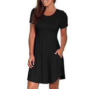 AMDOLE Damenkleider, Sommer-Kleid, kurzärmelig, lässig, schlicht, T-Shirt, lockeres Kleid, plissiert, Swing-Kleid mit Taschen, knielang, Damen-Sommerkleider, Schwarz , XL