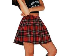 AMDOLE Denim-Kleider für Damen und Mädchen, Schottland, kariert, Schulfaltenrock, Baumwolle, Schottenkaro, figurbetonte Kleider für Damen, rot, M
