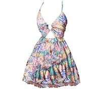 AMDOLE Fit and Flare Kleid Damen Casual Sommer Tank Top Ärmellos Knielang Mini Print Plissee Tank Kleid Wickelkleid für Frauen Midi, rose, M