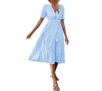 AMDOLE Formeller Anlass Kleid Damen Sommer Rüschen Puffärmel Kleid Kurzarm V-Ausschnitt Hohe Taille Casual Lose Gestreift Midi Kleider Flare Kleid, blau, M