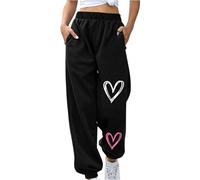 AMDOLE Hose für Damen, lockerer Kordelzug am Bein mit Gummizug, kleine Liebe, Freizeithose, Seitentaschen, Taillen-Kordelzug, Damenhose, Schwarz , XL