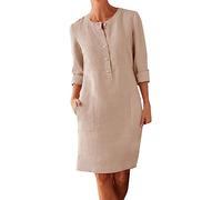 AMDOLE Jeanskleider für Damen, Baumwolle und Leinen, Hemdkleid, Übergröße, Rundhalsausschnitt, lange Ärmel, lässig, lockere Kleider mit zwei Taschen, Frühlingskleider für Damen, khaki, L