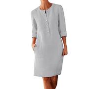 AMDOLE Jeanskleider für Damen, Baumwolle und Leinen, Hemdkleid, Übergröße, Rundhalsausschnitt, lange Ärmel, lässig, lockere Kleider mit zwei Taschen, Frühlingskleider für Damen, GY1, 4XL