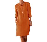 AMDOLE Jeanskleider für Damen, Baumwolle und Leinen, Hemdkleid, Übergröße, Rundhalsausschnitt, lange Ärmel, lässig, lockere Kleider mit zwei Taschen, Frühlingskleider für Damen, a, L