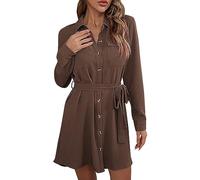 AMDOLE Jeanskleider für Damen, Vorherbst, modisches Kleid, langärmelig, Revers, französisches Hemdkleid, Kleider für Damen, elegant, coffee, L