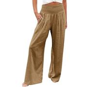 AMDOLE Jogginghose Damen Baggy Leinenhose mit weitem Bein für Damen, Sommer, lässig, Kordelzug, elastische Hose mit hoher Taille, Strand, trendige Palazzo-Hose, Hose mit Taschen Hosen Damen (Khaki, S)