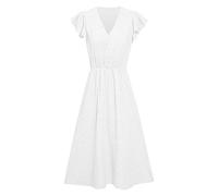 AMDOLE Kleid für die Brautmutter, einfarbig, kurze Ärmel, Flatterärmel, V-Ausschnitt, geknöpftes Kleid, Freizeitkleid mit kurzen Ärmeln, weiß, S