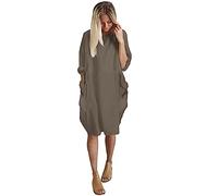 AMDOLE Lässiges Hemdkleid für Damen, mit Tasche, lockeres Kleid, Damen, Rundhalsausschnitt, lässig, knielang, niedlich, lange Kleider für Damen, khaki, L