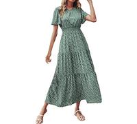 AMDOLE Lässiges Sommerkleid für Damen, kurzärmelig, Rundhalsausschnitt, gesmokt, elastische Taille, gestuftes Maxikleid, Sommer, Boho, Blumenmuster, ausgestelltes Sonnenkleid, langes Kleid, grün, XL