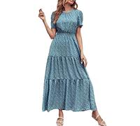 AMDOLE Lässiges Sommerkleid für Damen, kurzärmelig, Rundhalsausschnitt, gesmokt, elastische Taille, gestuftes Maxikleid, Sommer, Boho, Blumenmuster, ausgestelltes Sonnenkleid, langes Kleid, blau, XL