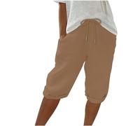 AMDOLE Leinen-Shorts für Damen, knielang, mit Kordelzug, elastische Taille, Sommer, leger, Fitness-Shorts mit Taschen, Yogahose in Übergröße, coffee, M