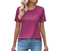 AMDOLE Longshirt Damen Lässig Für Leggings Lässige Damen-Oberteile mit Rundhalsausschnitt und kurzen Ärmeln, plissiert, Blusen, modische Kleidung 2024 90 Er Klamotten (Red, M)