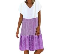 AMDOLE Petite Maxikleid für Damen, lässig, lockere Streifen, Punkte, Patchwork, V-Ausschnitt, kurze Ärmel, Baumwollkleid für Damen, violett, 5XL