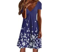 AMDOLE Sommerkleid für Damen, Neckholder, kurzärmelig, lässig, V-Ausschnitt, Blumendruck, Freizeitkleid, lässiges Sommerkleider für ältere Frauen, dunkelblau, M