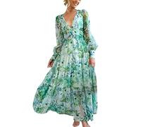 AMDOLE Sommerkleider für Damen, Freizeit, bedruckt, langärmelig, V-Ausschnitt, Sonnenkleid, Sommerkleid, grün, L