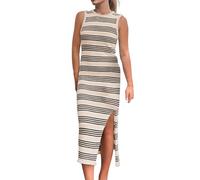 AMDOLE Sommerkleider für Damen, Sommer, figurbetont, lässig, Midi, ärmellos, ausgeschnittenes Strick, Seitenschlitz, gestreift, langes Tankkleid, Damen, Baumwolle, Sommerkleider, khaki, S