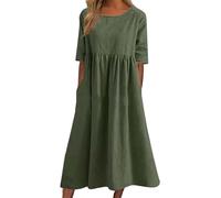 AMDOLE Strandkleider für Damen, modisch, locker, aus Baumwolle und Leinen, Rundhalsausschnitt, halblange Ärmel, Midi-Kleid für Erwachsene und Damen, grün, XXL