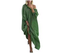 AMDOLE Tailliertes Sommerkleid für Damen, Übergröße, Alltag, lässig, offene Schulter, Vintage, lockeres Boho-Maxikleid, Rüschen, grün, 5XL