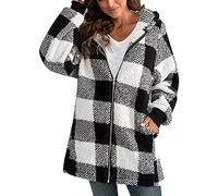 AMDOLE Übergroße Sherpa-Jacke für Damen, flauschige Fleece-Jacke, Reißverschluss, Oberbekleidung, Pullover mit Kapuze, A-schwarz, XL
