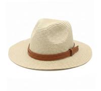 Ameble Gewebter Strohhut mit Flacher Krempe und Lederdekor, Sommer-Strandhut im Panama-Stil für Männer und Frauen, faltbar - Beige