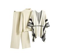 AMEEDA Damen 2 Stück Casual Outfits Elegante gestrickte 3-teilige Sets for Damen, Pullover + schickes Design, Schaloberteile, hohe Taille, Hose mit weitem Bein(Beige,XL)