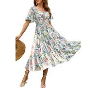 Amegoya Damen-Midikleid im Boho-Stil, fließend, langärmelig, quadratischer Ausschnitt, Blumenmuster, gesmokt, Frühling, Herbst, Hochzeitsgäste, S-Floral 1, Groß