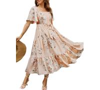 Amegoya Damen-Midikleid im Boho-Stil, fließend, langärmelig, quadratischer Ausschnitt, Blumenmuster, gesmokt, Frühling, Herbst, Hochzeitsgäste, S, Pfirsichschwarz mit Blumenmuster, Mittel