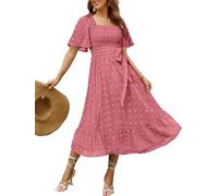 Amegoya Damen-Midikleid im Boho-Stil, fließend, langärmelig, quadratischer Ausschnitt, Blumenmuster, gesmokt, Frühling, Herbst, Hochzeitsgäste, Groß