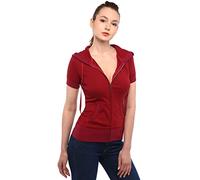 AmélieBoutik Damen-Kapuzenjacke aus Baumwollmischgewebe, mit Reißverschluss, Kängurutasche, kurzärmelig, Purpurrot, XL
