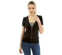 AmélieBoutik Damen-Kapuzenpullover aus Baumwoll-Mischgewebe, mit Reißverschluss, Kängurutasche, kurzärmelig, Schwarz, XL