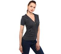 AmélieBoutik Damen-Kapuzenpullover aus Baumwoll-Mischgewebe, mit Reißverschluss, Kängurutasche, kurzärmelig, Dunkel_Grau, S