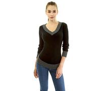 AmélieBoutik Damen-Pullover aus Baumwoll-Mischgewebe, V-Ausschnitt, Farbblock, lange Ärmel, geschwungener Saum, schwarz / grau, Klein