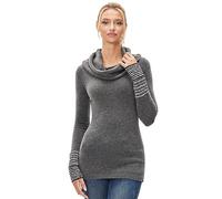 AmélieBoutik Damen-Pullover, drapiert, Wasserfallkragen, langärmelig, gestreifte Manschette, GRAU, Klein
