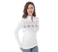AmélieBoutik Damen-Pullover Fair Isle, Viertelreißverschluss, langärmelig, Kragen, enganliegend, gestrickt, Weiss/opulenter Garten, Mittel