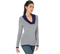 AmélieBoutik Damen-Pullover, Kragen, V-Ausschnitt, lange Ärmel, kariert, Strickpullover, blau/weiß, Mittel
