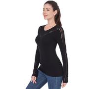 AmélieBoutik Damen-Pullover mit Rundhalsausschnitt, Ösenbesatz, langärmelig, Schwarz, Groß