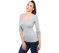 AmélieBoutik Damen Pullover mit U-Ausschnitt und langen Ärmeln, gewellter Bündchen, gerippter Pullover, hellgrau, X-Groß