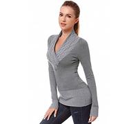 AmélieBoutik Damen-Pullover mit überkreuztem Zopfmuster, V-Ausschnitt, langärmelig, GRAU, Klein