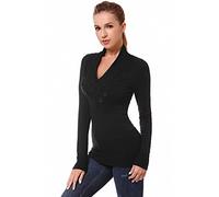 AmélieBoutik Damen-Pullover mit überkreuztem Zopfmuster, V-Ausschnitt, langärmelig, Schwarz, X-Groß