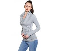 AmélieBoutik Damen Pullover mit Wasserfallausschnitt, langärmelig, gerüscht, Seiten, Hellblaugrau, Mittel