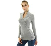 AmélieBoutik Damen-Pullover, schmale Passform, sexy, lässig, Schalkragen, Wickeloptik, Schnürung, langärmelig, Hellgrau, M