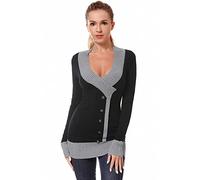 AmélieBoutik Damen-Pullover, V-Ausschnitt, Kunstwickel, Farbiger Besatz, Tunika, Top, schwarz/grau, Groß