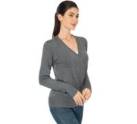 AmélieBoutik Damen-Pullover, V-Ausschnitt, Zopfmuster, gerippt, lange Ärmel, lockerer Pullover, Grau, X-Groß
