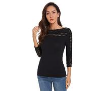 AmélieBoutik Damen Strickpullover mit U-Boot-Ausschnitt und Ösen, 3/4-Ärmel, schwarz, X-Groß