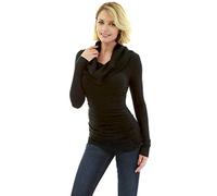 AmélieBoutik Lässiger Damen-Pullover, schmale Passform, Wasserfallkragen, lange Ärmel, gerüschte Seiten, Tunika-Pullover, Schwarz, X-Groß