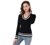 AmélieBoutik Lässiger Damen-Pullover, V-Ausschnitt, langärmelig, adrett, trendig, gestreift, Zopfmuster, Bluse, Tops, Schwarz, X-Groß
