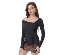 AmélieBoutik Schulterfreier Damen-Pullover, asymmetrischer Ausschnitt, langärmelig, gerüscht, Knoten, Ausgehen, Hemden, Blusen, Grau, X-Groß