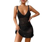 AMENGJ Crochet Cardigan Damen Bikini Cover up Neckholder-ärmelloses einfarbiges Kleid for Damen, Sommerurlaub, gestrickt, Bikini, Überzug, rückenfreie Kleider(Black)
