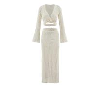 AMENGJ Crochet Cardigan Damen Bikini Cover up Sexy Strick Cut Out Badeanzug Cover Up Frauen Glockenärmel Taille Binderock(L)