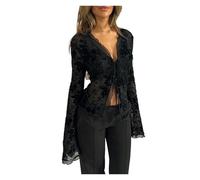 AMENGJ Spitzen Oberteile Damen Chiffonbluse in schmaler Passform mit Rüschen und Trompetenärmeln for Damen(M)